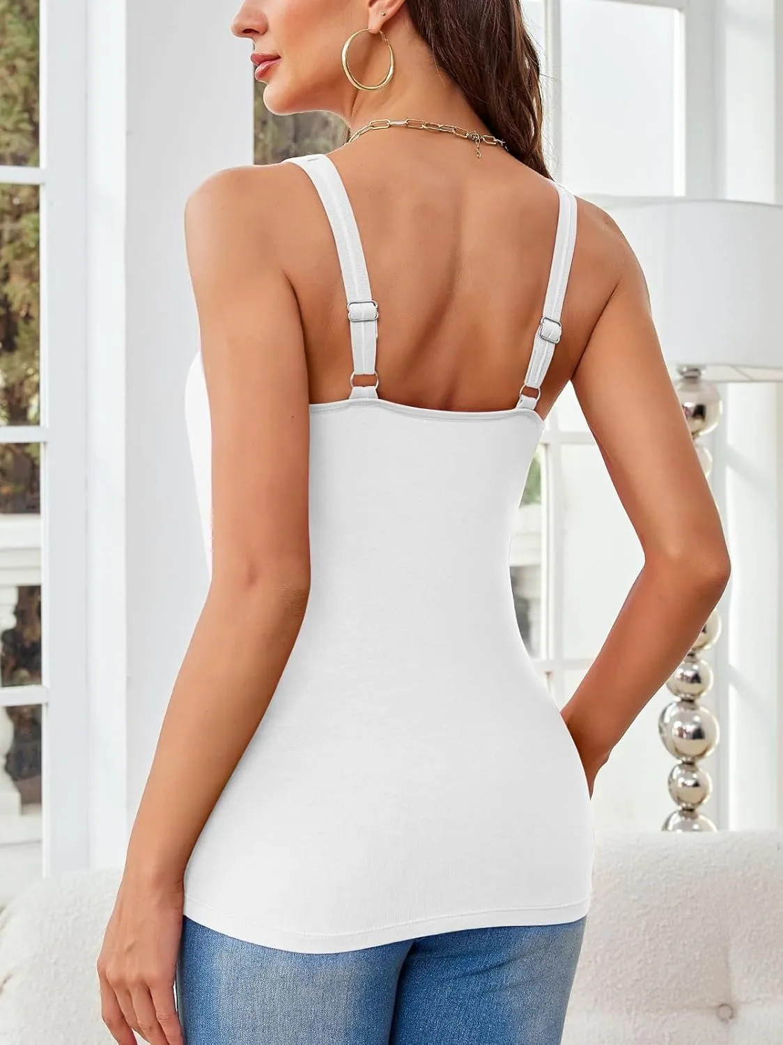 V FOR CITY Women Tank Top with Built-in Padded Bra Adjustable Wide Strap V-Neck Camisole Cotton Cami Shirts