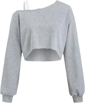 Verdusa Girl's Y2k Off The Shoulder Crop Tops Asymmetrical Neck Fall Athletic Sweatshirts
