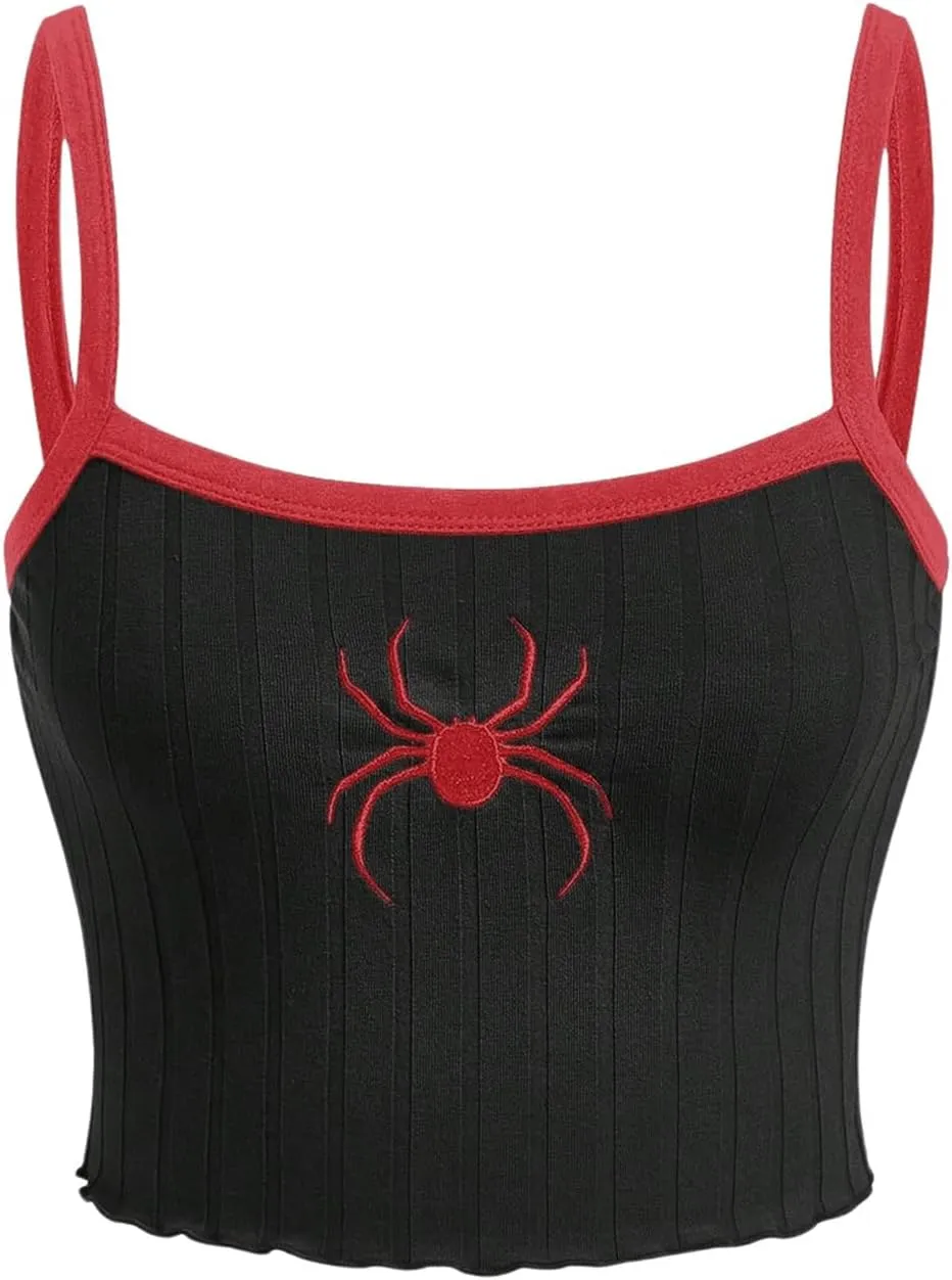 Verdusa Women's Goth Graphic Ribbed Contrast Trim Camisole Tops Y2k Sleeveless Cami Top Shirt