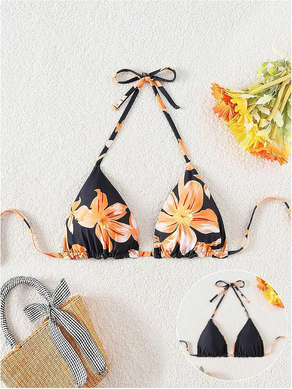 Verdusa Women's Reversible Floral Print Triangle Halter Bikini Tops Tie Backless Swimwear Top