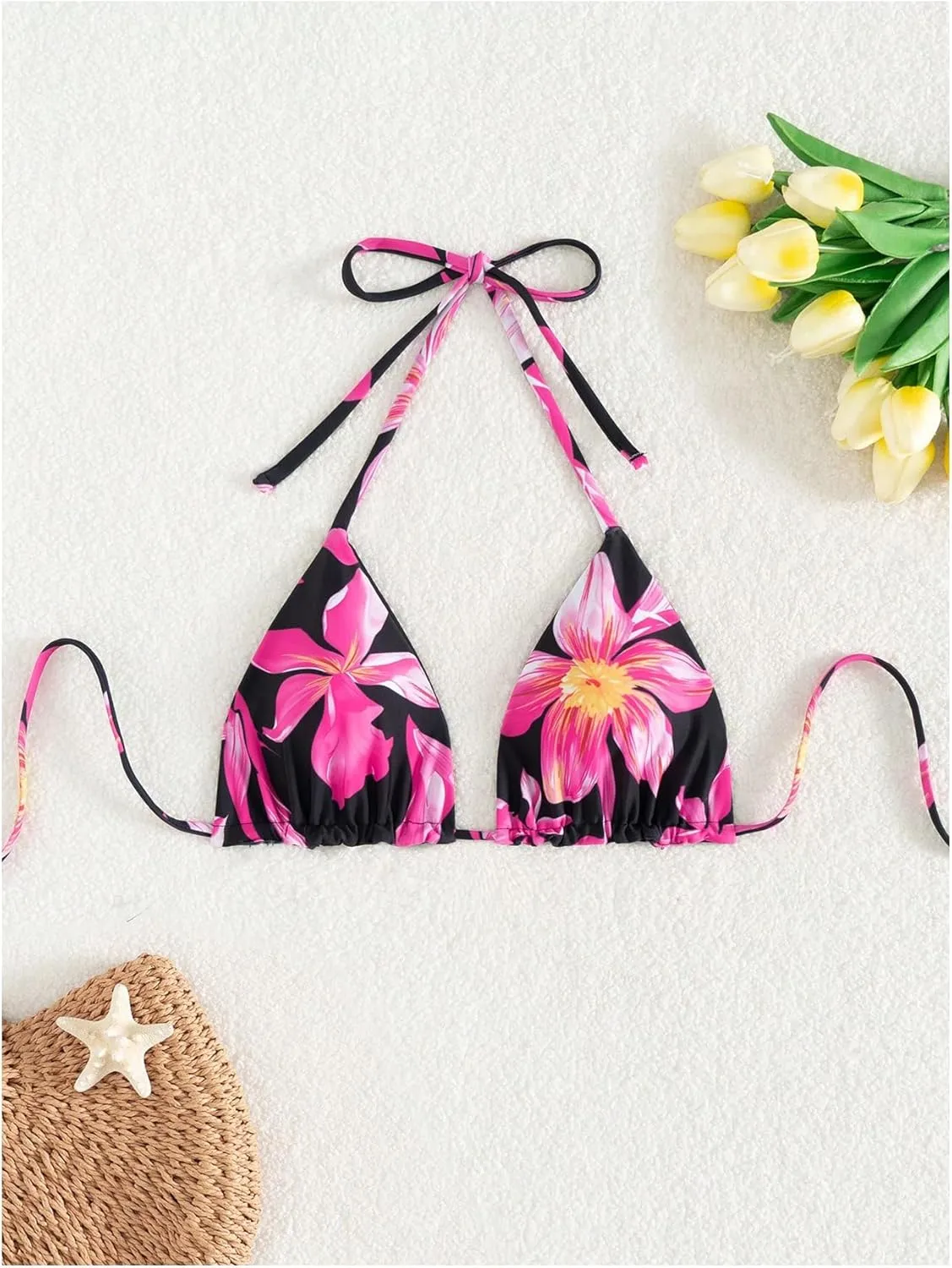 Verdusa Women's Reversible Floral Print Triangle Halter Bikini Tops Tie Backless Swimwear Top