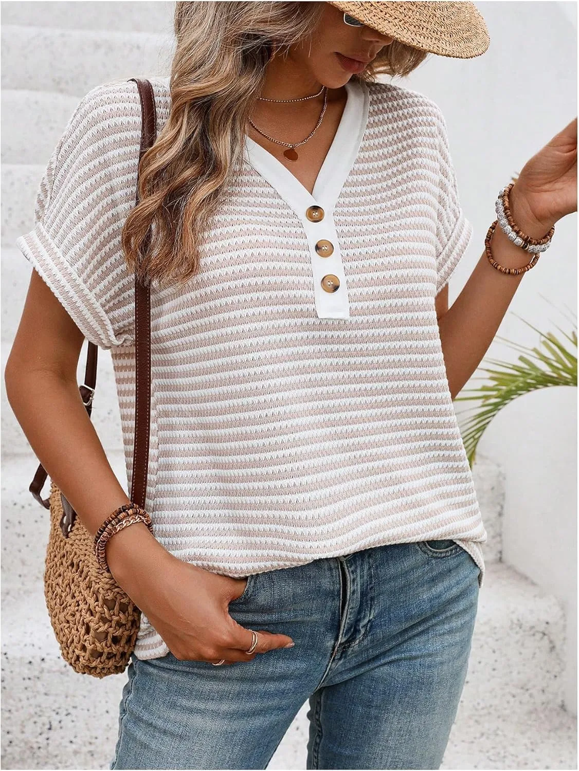 Verdusa Women's Striped Button V Neck T Shirt Dolman Sleeve Summer Knit Tops