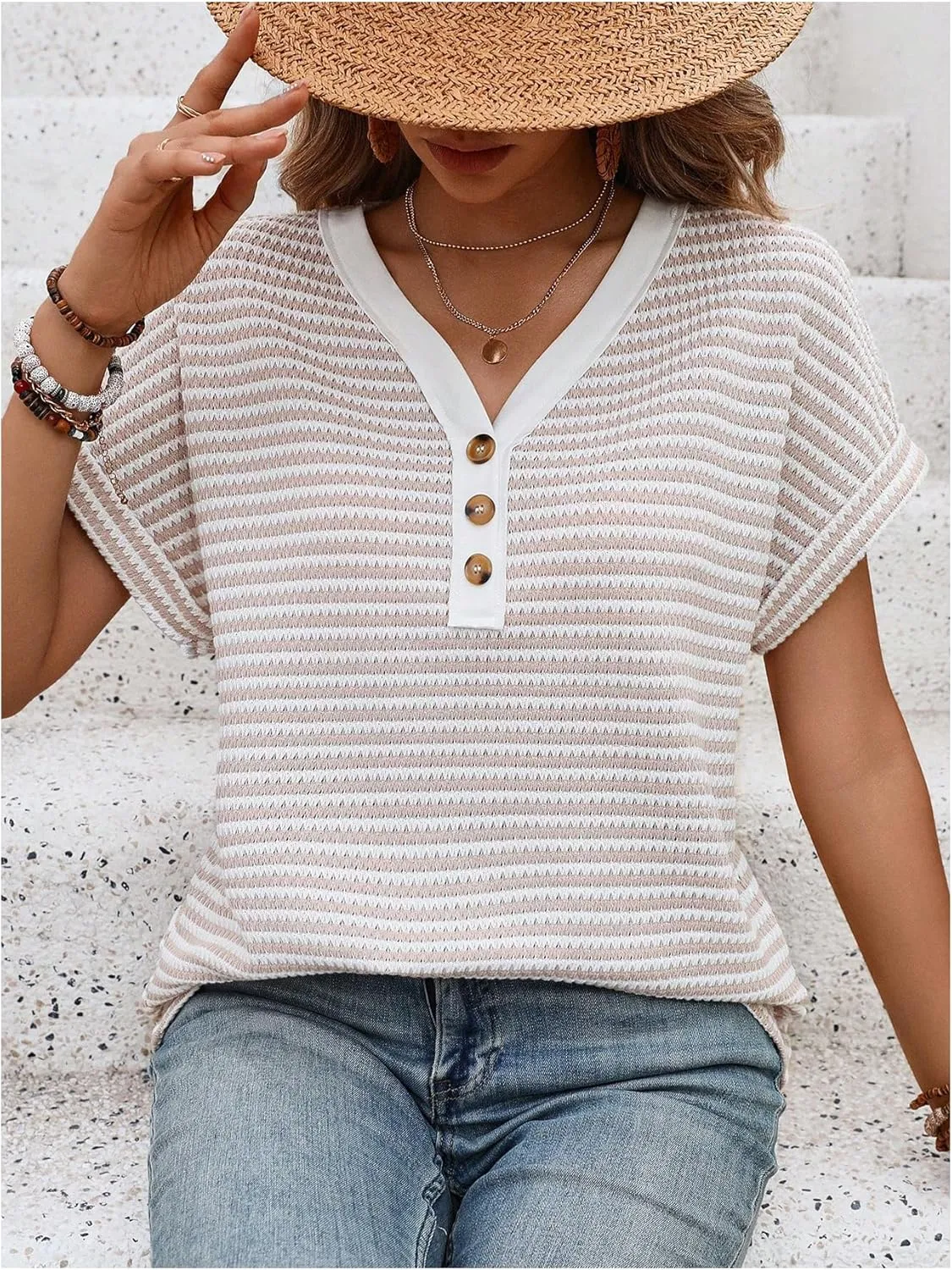 Verdusa Women's Striped Button V Neck T Shirt Dolman Sleeve Summer Knit Tops