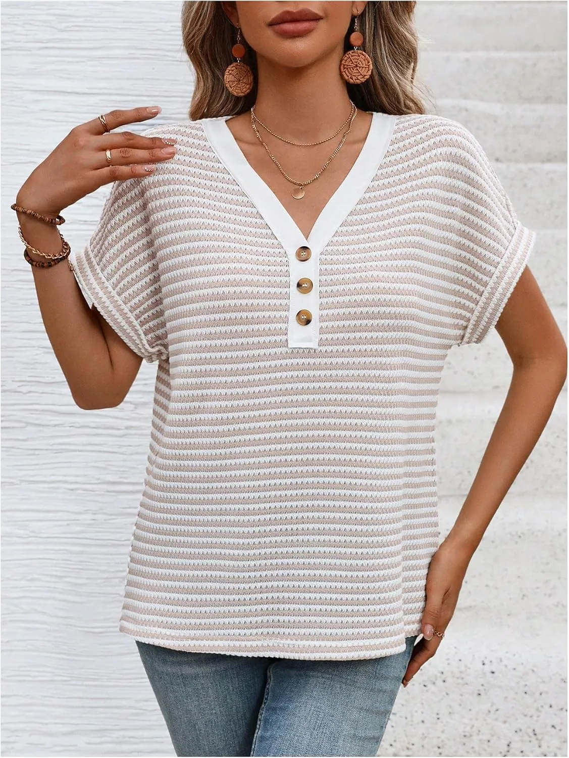 Verdusa Women's Striped Button V Neck T Shirt Dolman Sleeve Summer Knit Tops