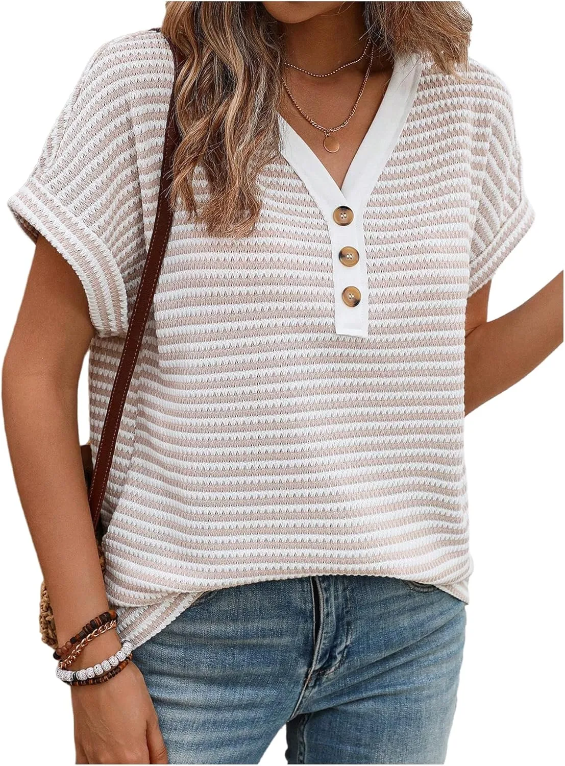 Verdusa Women's Striped Button V Neck T Shirt Dolman Sleeve Summer Knit Tops