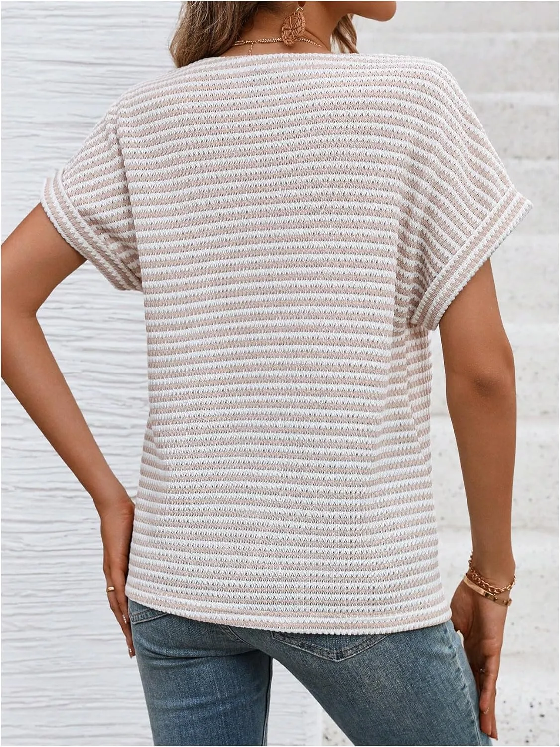 Verdusa Women's Striped Button V Neck T Shirt Dolman Sleeve Summer Knit Tops
