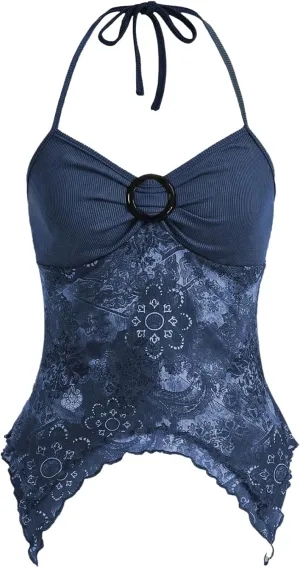 Verdusa Women's Y2k Halter Top Floral Ring Streetwear Hippie Asymmetrical Hem Cami Crop Tube Tops