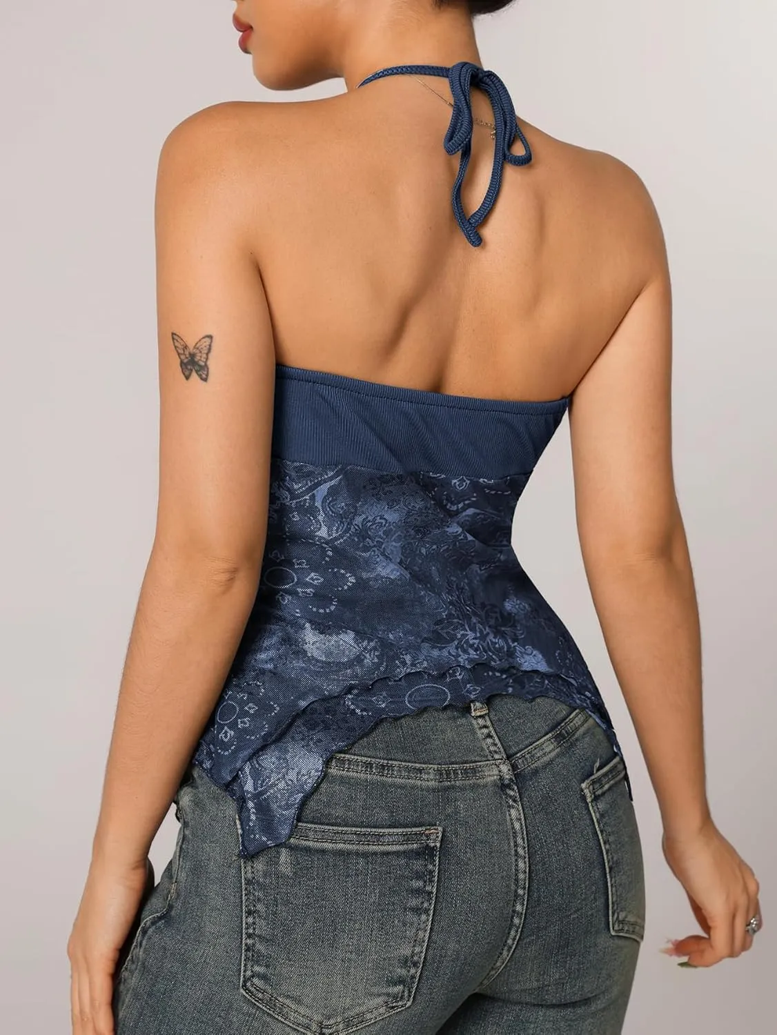 Verdusa Women's Y2k Halter Top Floral Ring Streetwear Hippie Asymmetrical Hem Cami Crop Tube Tops