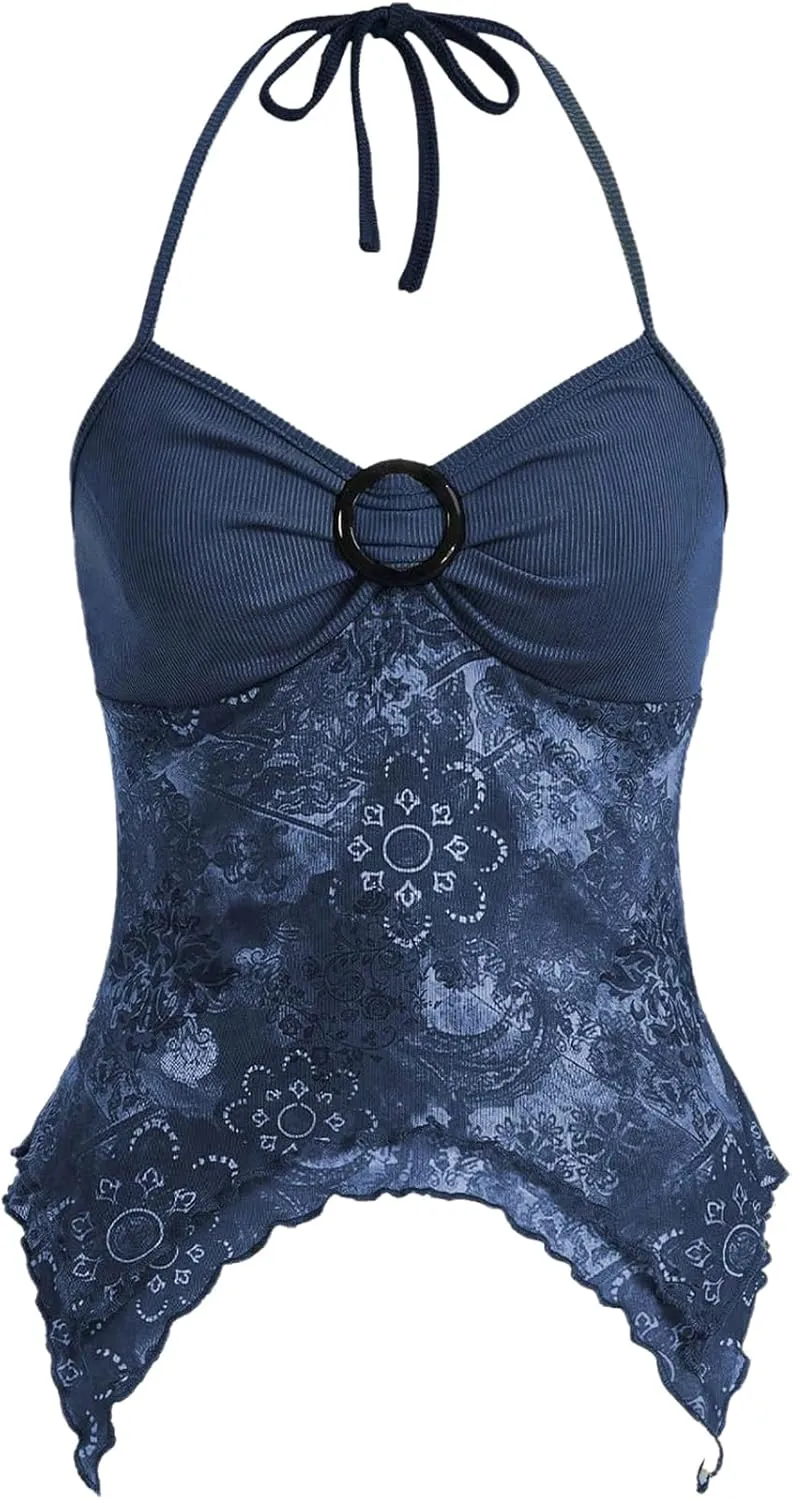 Verdusa Women's Y2k Halter Top Floral Ring Streetwear Hippie Asymmetrical Hem Cami Crop Tube Tops