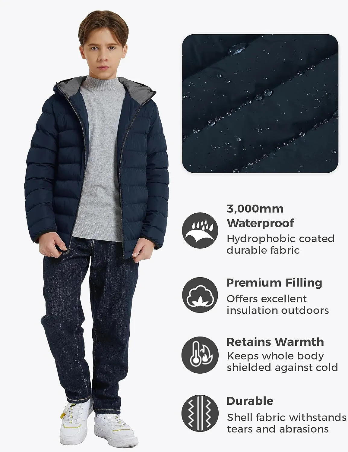 wantdo Boys' Winter Coat Lightweight Puffer Jacket Waterproof Outerwear Hooded