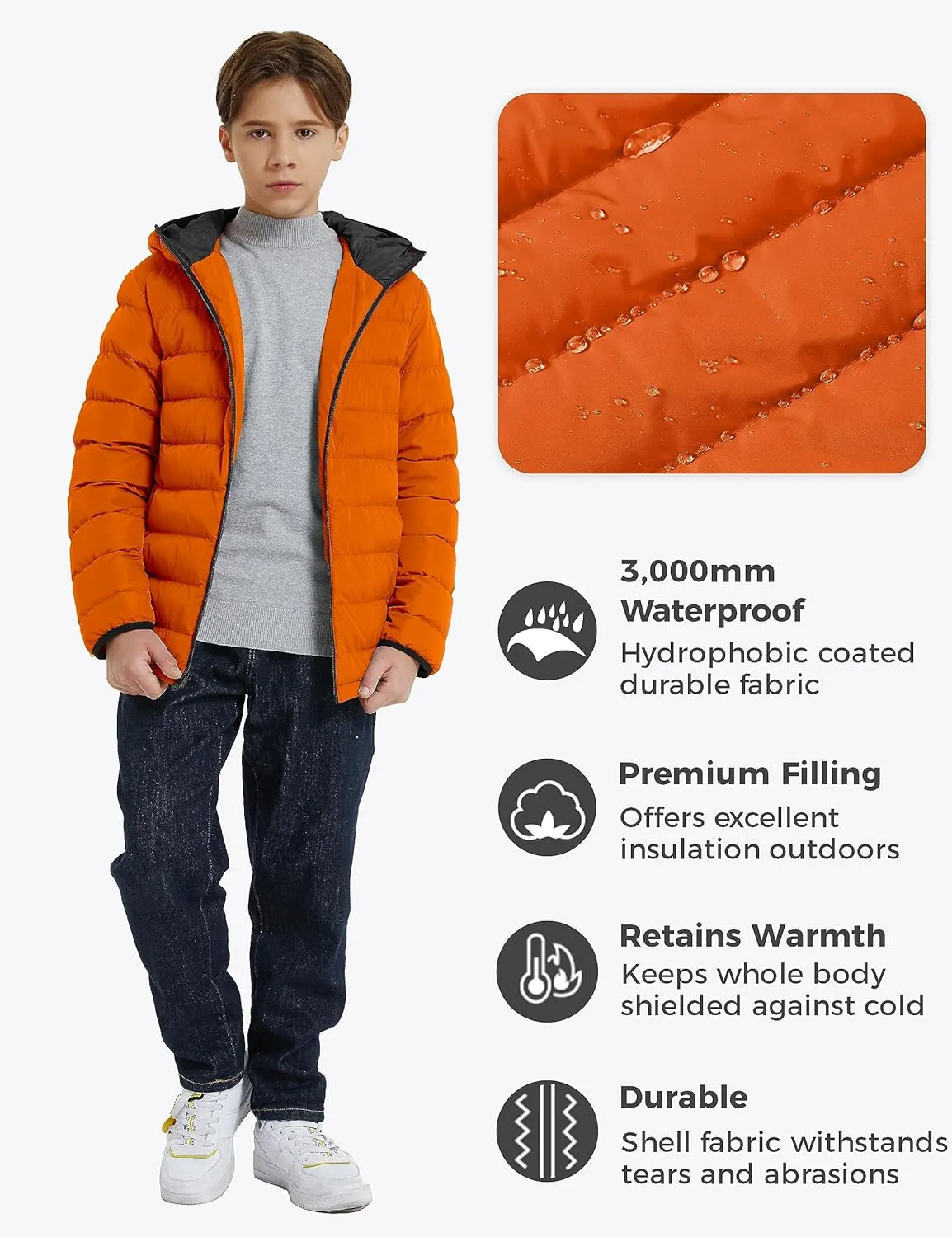 wantdo Boys' Winter Coat Lightweight Puffer Jacket Waterproof Outerwear Hooded