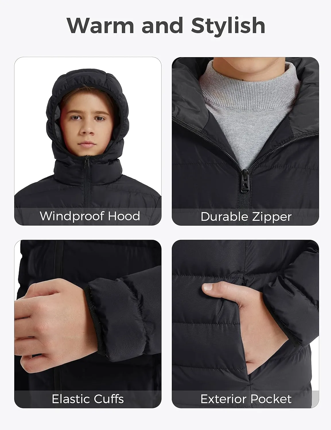 wantdo Boys' Winter Coat Lightweight Puffer Jacket Waterproof Outerwear Hooded