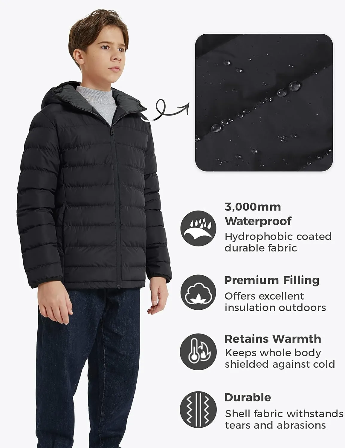 wantdo Boys' Winter Coat Lightweight Puffer Jacket Waterproof Outerwear Hooded