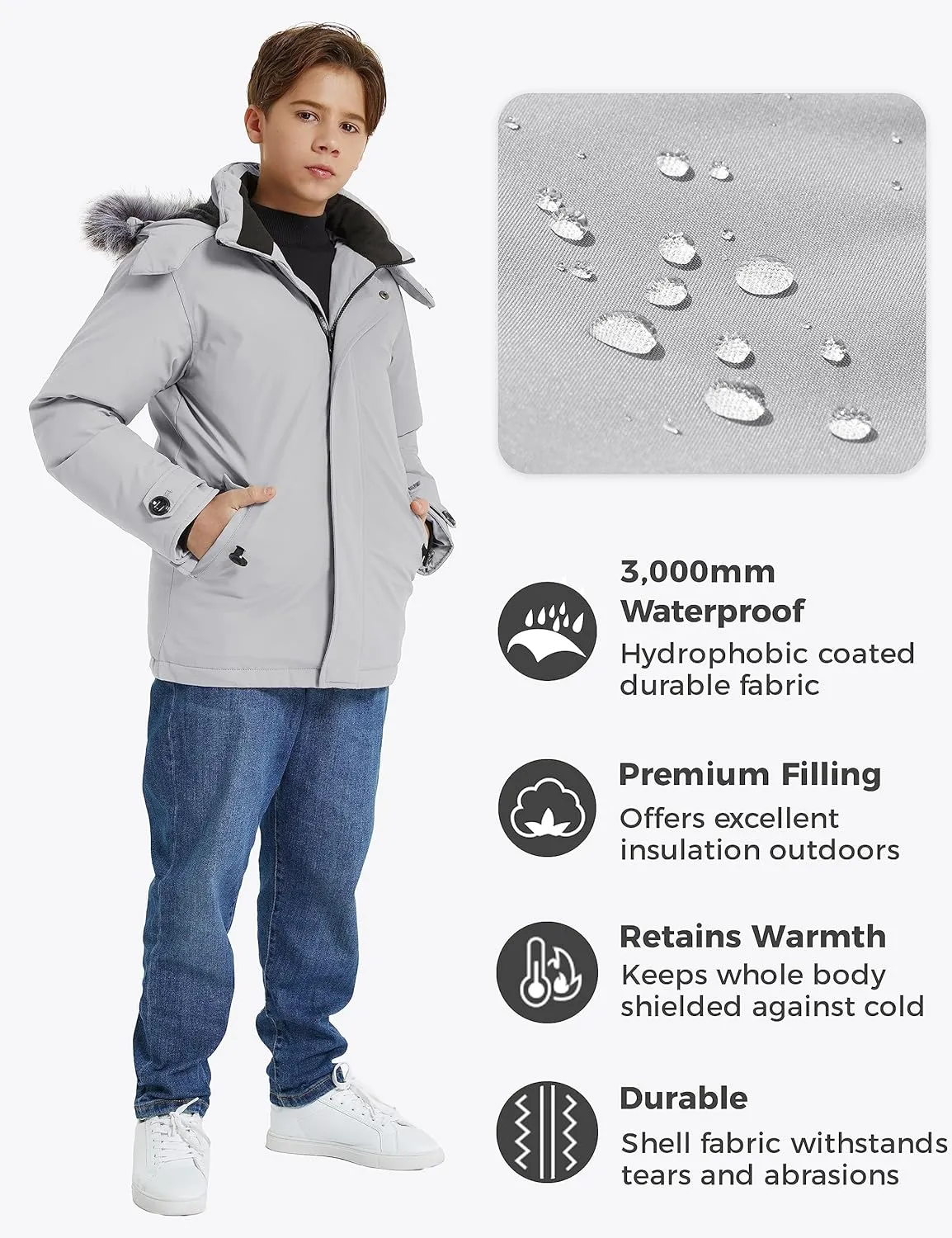 wantdo Boys' Winter Coat Waterproof Puffer Jacket Fleece Parka Hooded