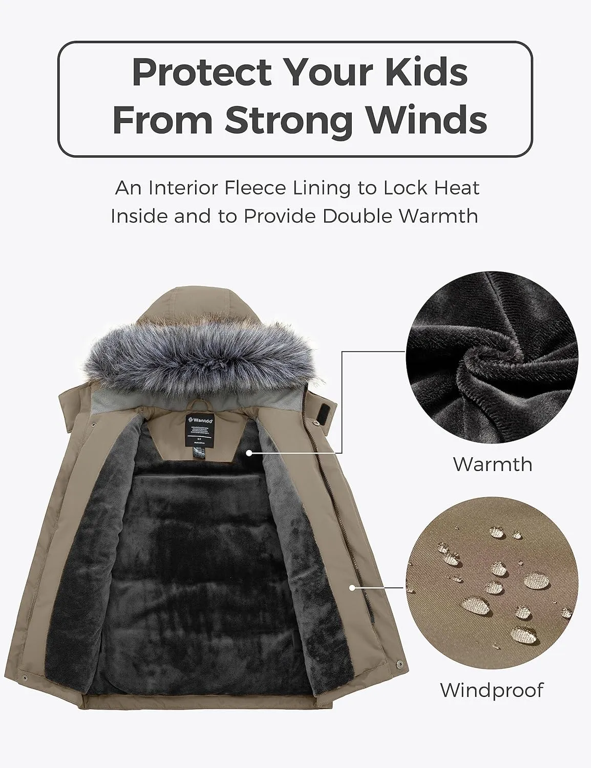 wantdo Boys' Winter Coat Waterproof Puffer Jacket Fleece Parka Hooded