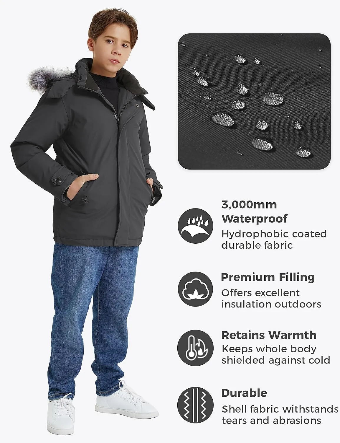 wantdo Boys' Winter Coat Waterproof Puffer Jacket Fleece Parka Hooded