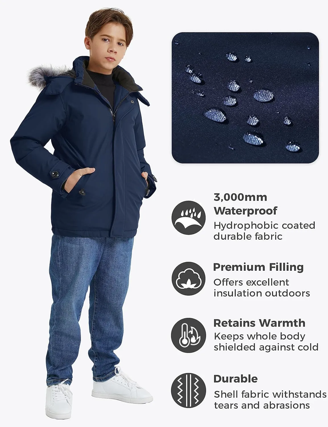 wantdo Boys' Winter Coat Waterproof Puffer Jacket Fleece Parka Hooded