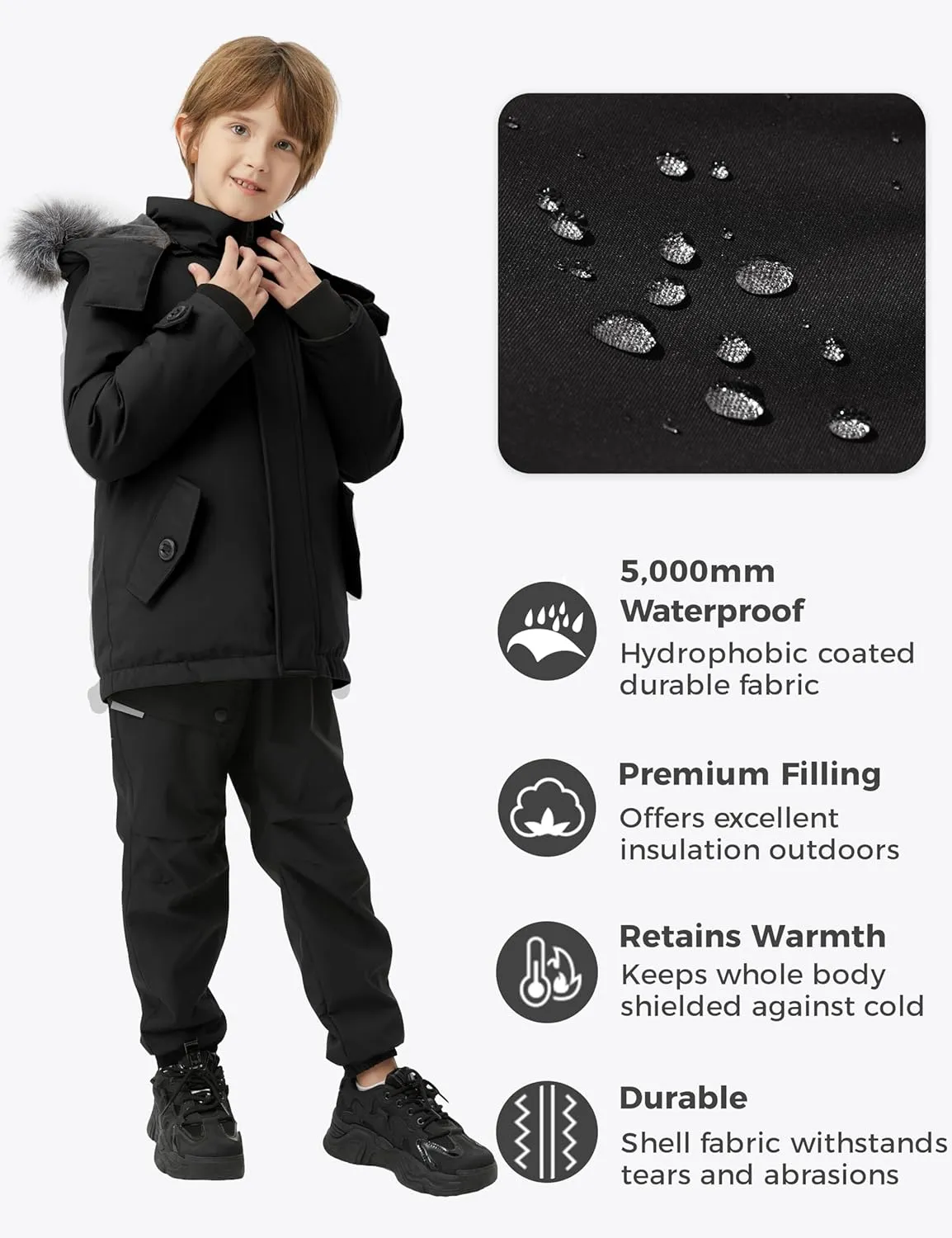 wantdo Boys' Winter Coat Waterproof Puffer Jacket Fleece Parka Hooded