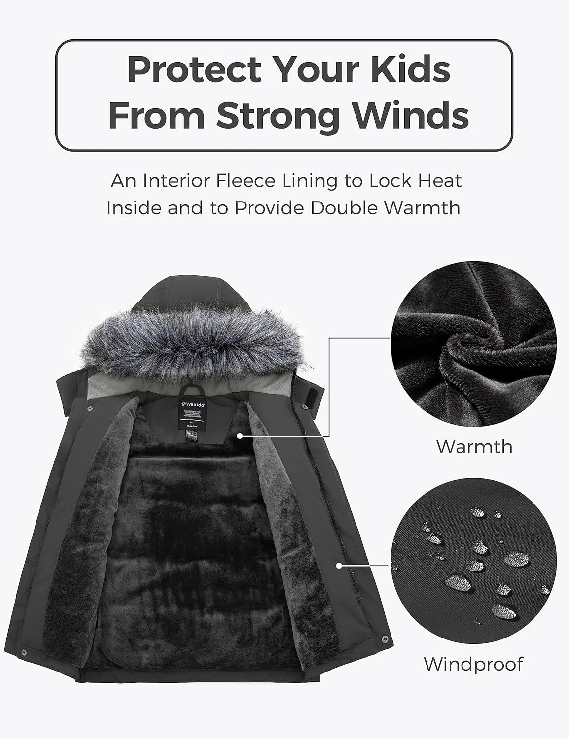 wantdo Boys' Winter Coat Waterproof Puffer Jacket Fleece Parka Hooded