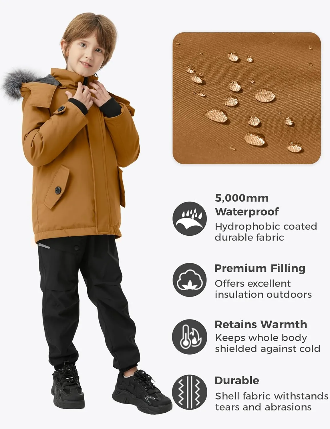 wantdo Boys' Winter Coat Waterproof Puffer Jacket Fleece Parka Hooded