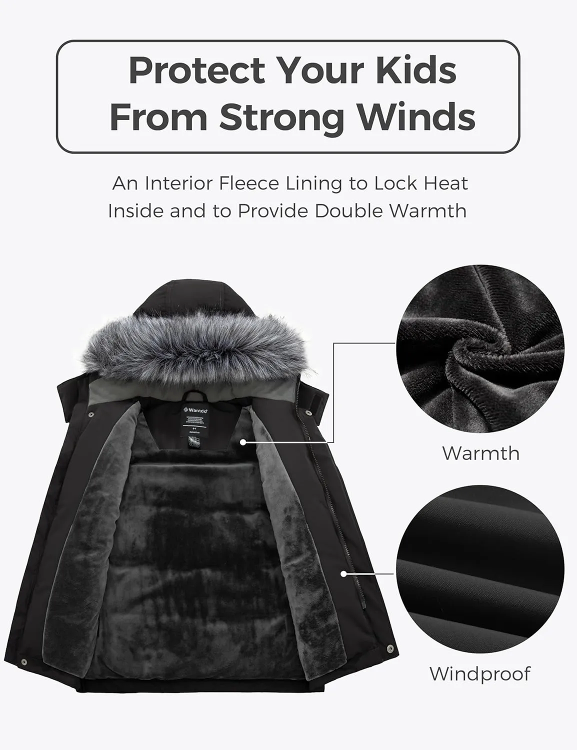 wantdo Boys' Winter Coat Waterproof Puffer Jacket Fleece Parka Hooded