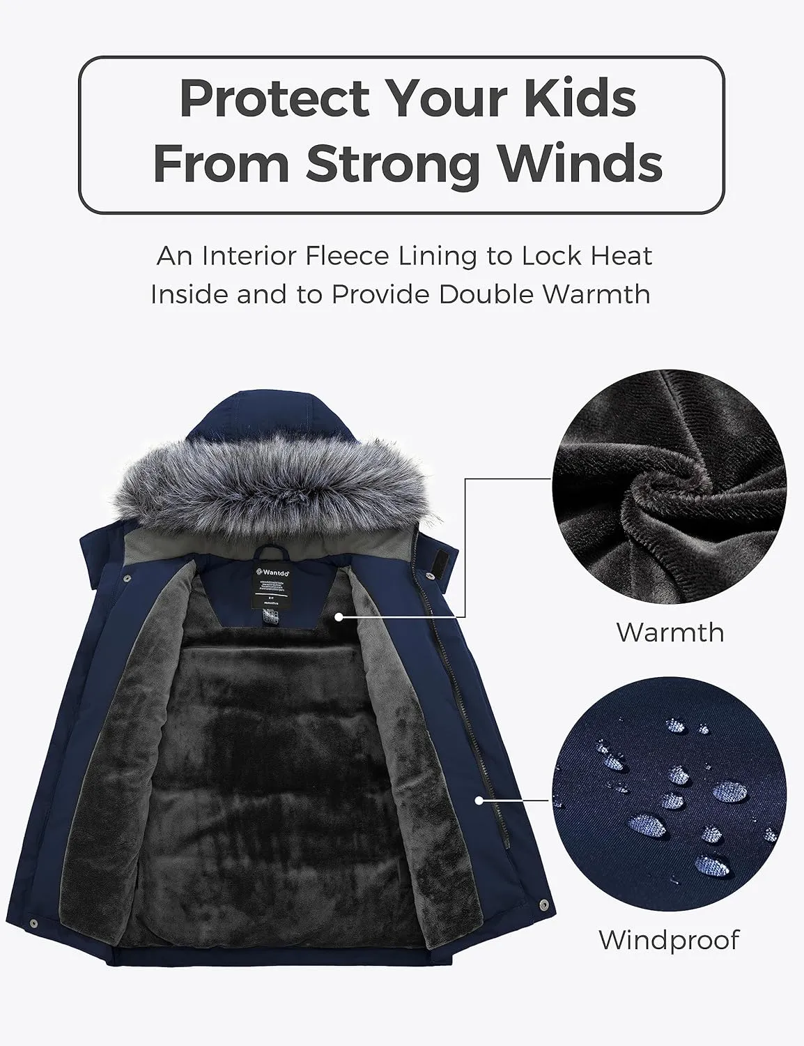 wantdo Boys' Winter Coat Waterproof Puffer Jacket Fleece Parka Hooded
