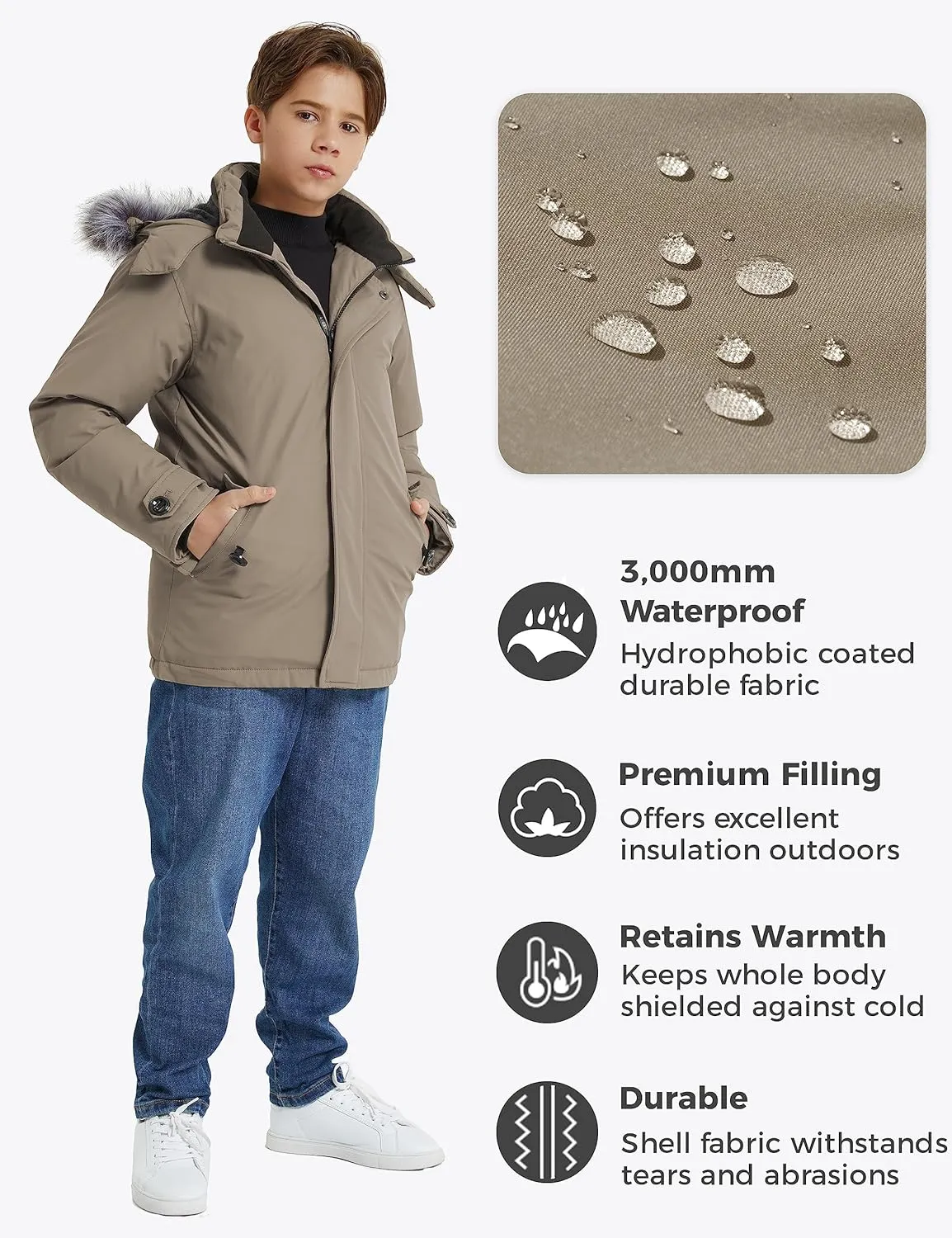 wantdo Boys' Winter Coat Waterproof Puffer Jacket Fleece Parka Hooded