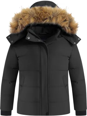 wantdo Girls' Puffy Winter Coats Thick Printed Quilted Jacket with Faux Fur Hood