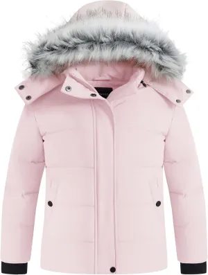 wantdo Girls' Puffy Winter Coats Thick Printed Quilted Jacket with Faux Fur Hood