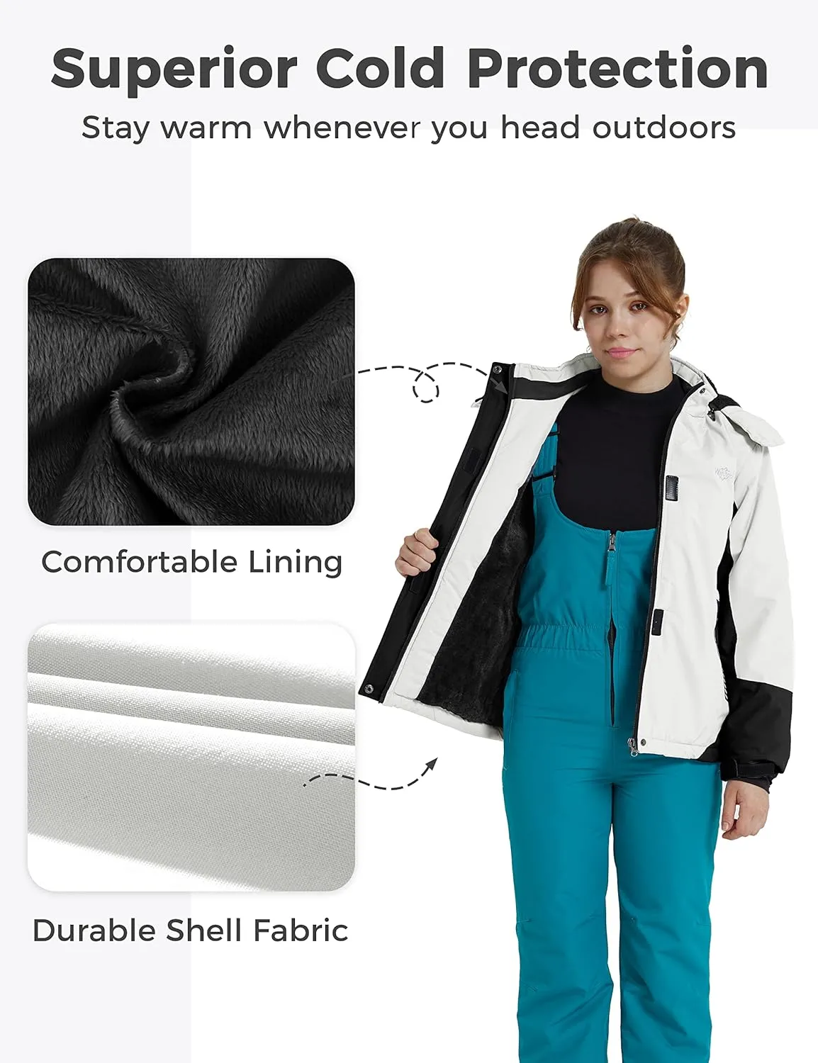 wantdo Girls' Waterproof Winter Coat Fleece Ski Jacket Hooded Snow Coat Warm Raincoat Outerwear