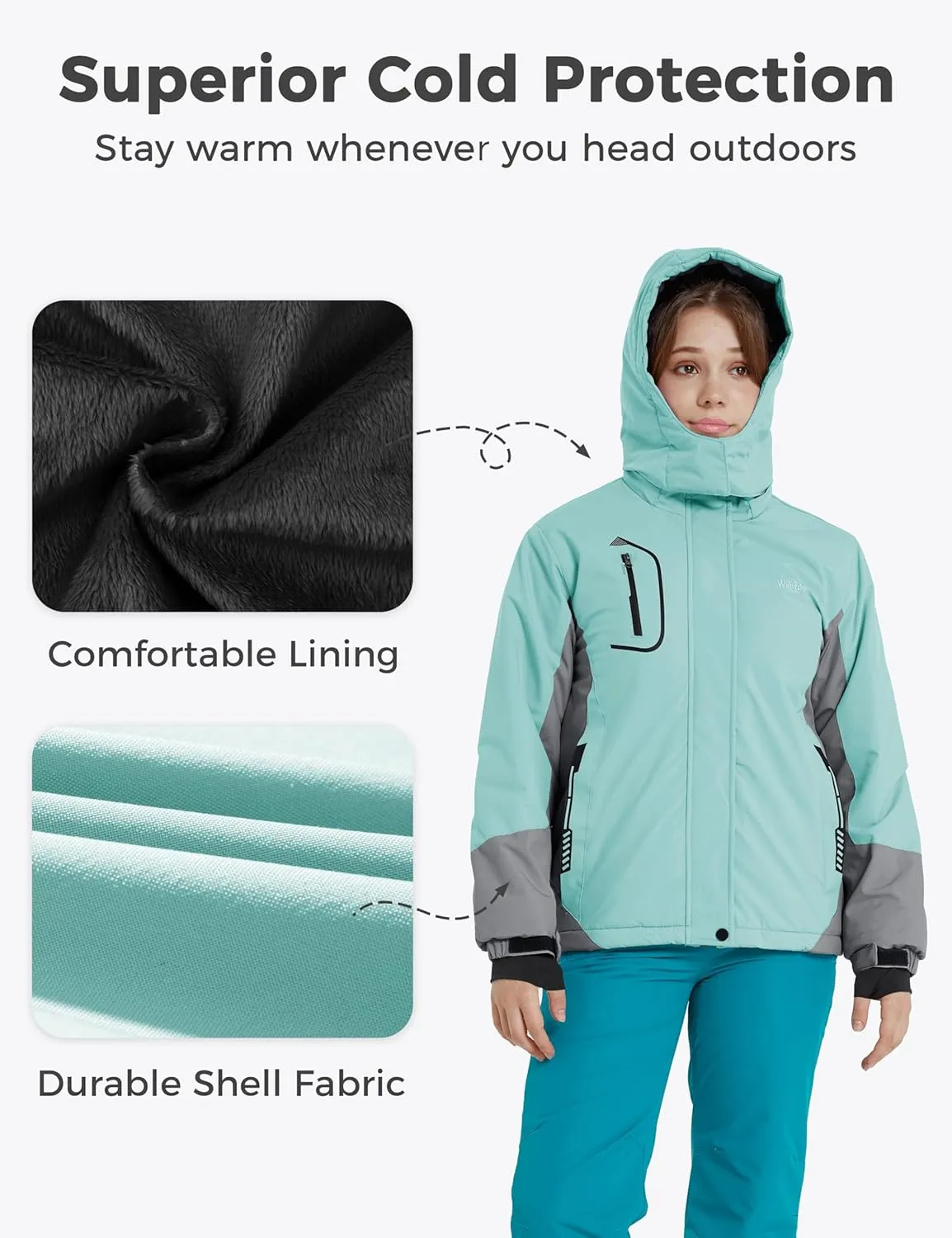 wantdo Girls' Waterproof Winter Coat Fleece Ski Jacket Hooded Snow Coat Warm Raincoat Outerwear