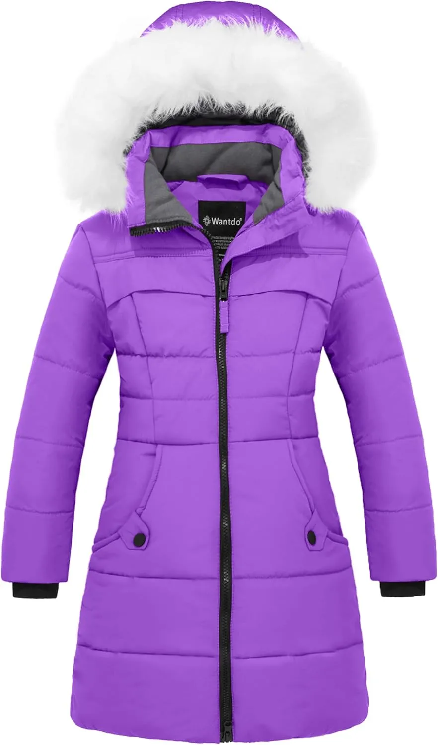 wantdo Girl's Winter Coat Waterproof Long Puffer Jacket Warm Parka with Faux Fur Hood