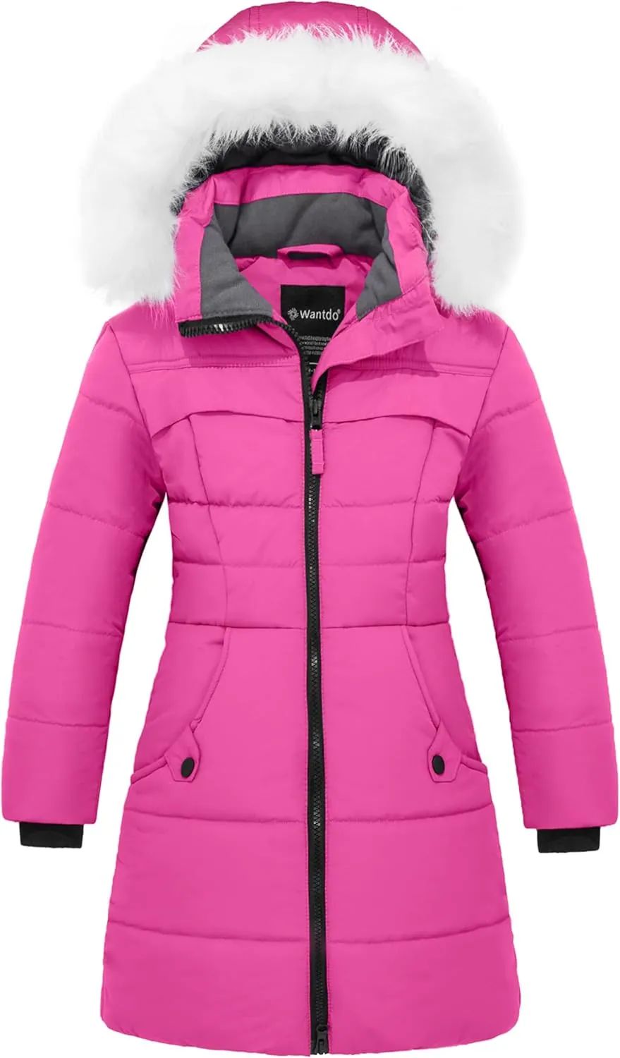 wantdo Girl's Winter Coat Waterproof Long Puffer Jacket Warm Parka with Faux Fur Hood