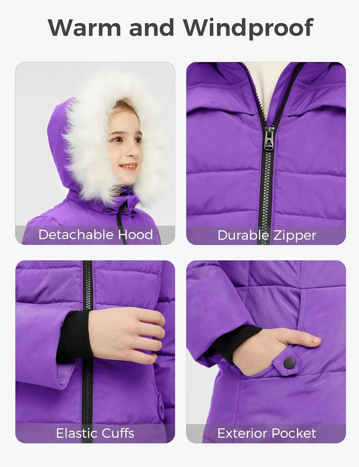 wantdo Girl's Winter Coat Waterproof Long Puffer Jacket Warm Parka with Faux Fur Hood