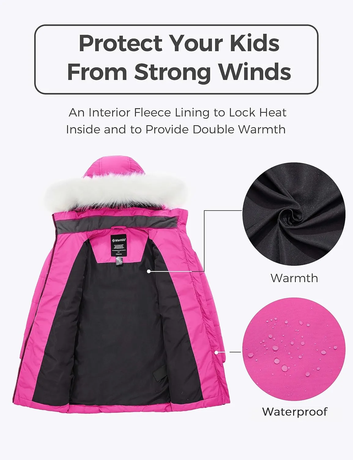wantdo Girl's Winter Coat Waterproof Long Puffer Jacket Warm Parka with Faux Fur Hood