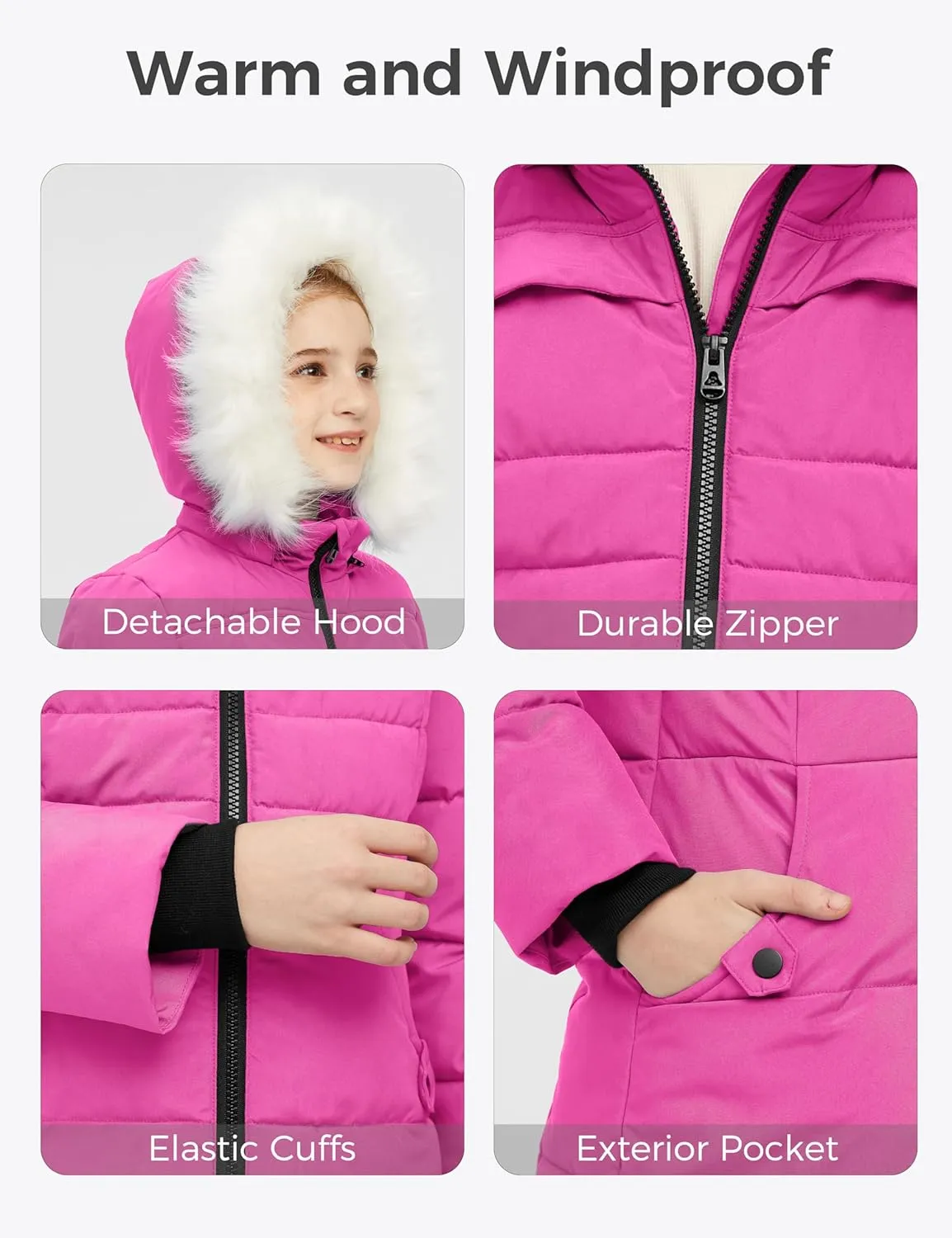 wantdo Girl's Winter Coat Waterproof Long Puffer Jacket Warm Parka with Faux Fur Hood