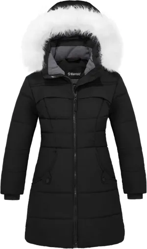 wantdo Girl's Winter Coat Waterproof Long Puffer Jacket Warm Parka with Faux Fur Hood