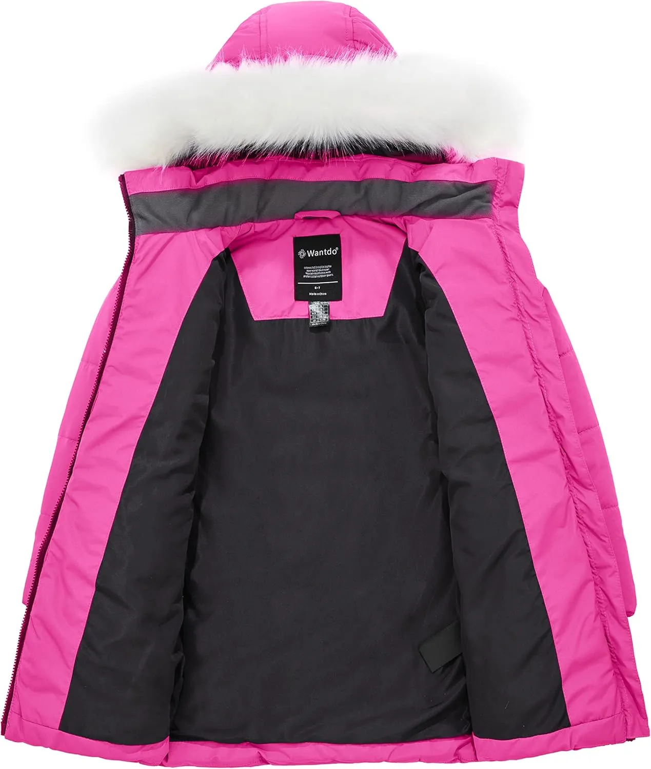 wantdo Girl's Winter Coat Waterproof Long Puffer Jacket Warm Parka with Faux Fur Hood