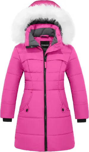 wantdo Girl's Winter Coat Waterproof Long Puffer Jacket Warm Parka with Faux Fur Hood