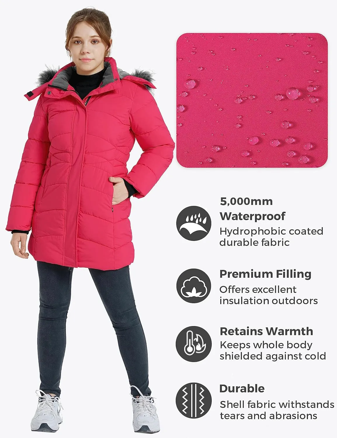 wantdo Girls' Winter Coats Long Puffer Jacket Fleece Jacket with Hood