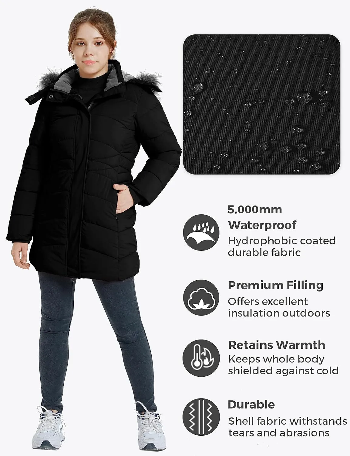 wantdo Girls' Winter Coats Long Puffer Jacket Fleece Jacket with Hood