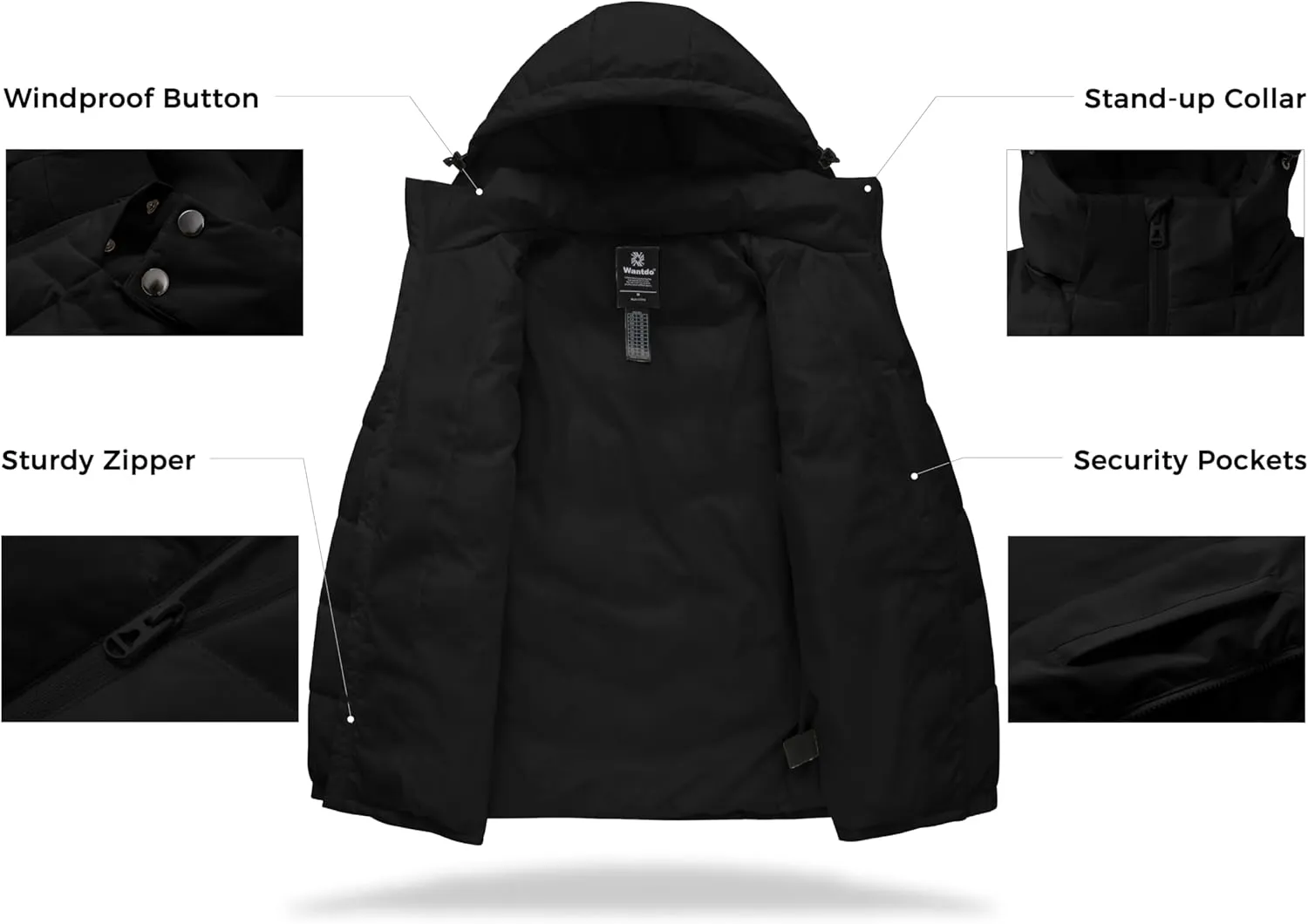 wantdo Men's Puffer Jacket Waterproof Winter Cotton Coat Hooded Parka Jacket Recycled Outerwear (Regular and Big Size)
