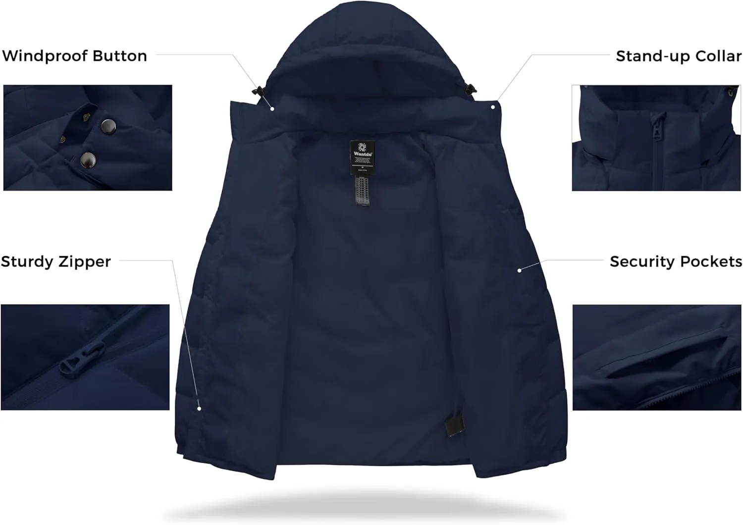 wantdo Men's Puffer Jacket Waterproof Winter Cotton Coat Hooded Parka Jacket Recycled Outerwear (Regular and Big Size)