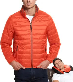 Weatherproof Men's Puffer Jacket, Lightweight Wind Resistant Alternative Down Jacket with Packable Travel Neck Pillow (S-3XL)