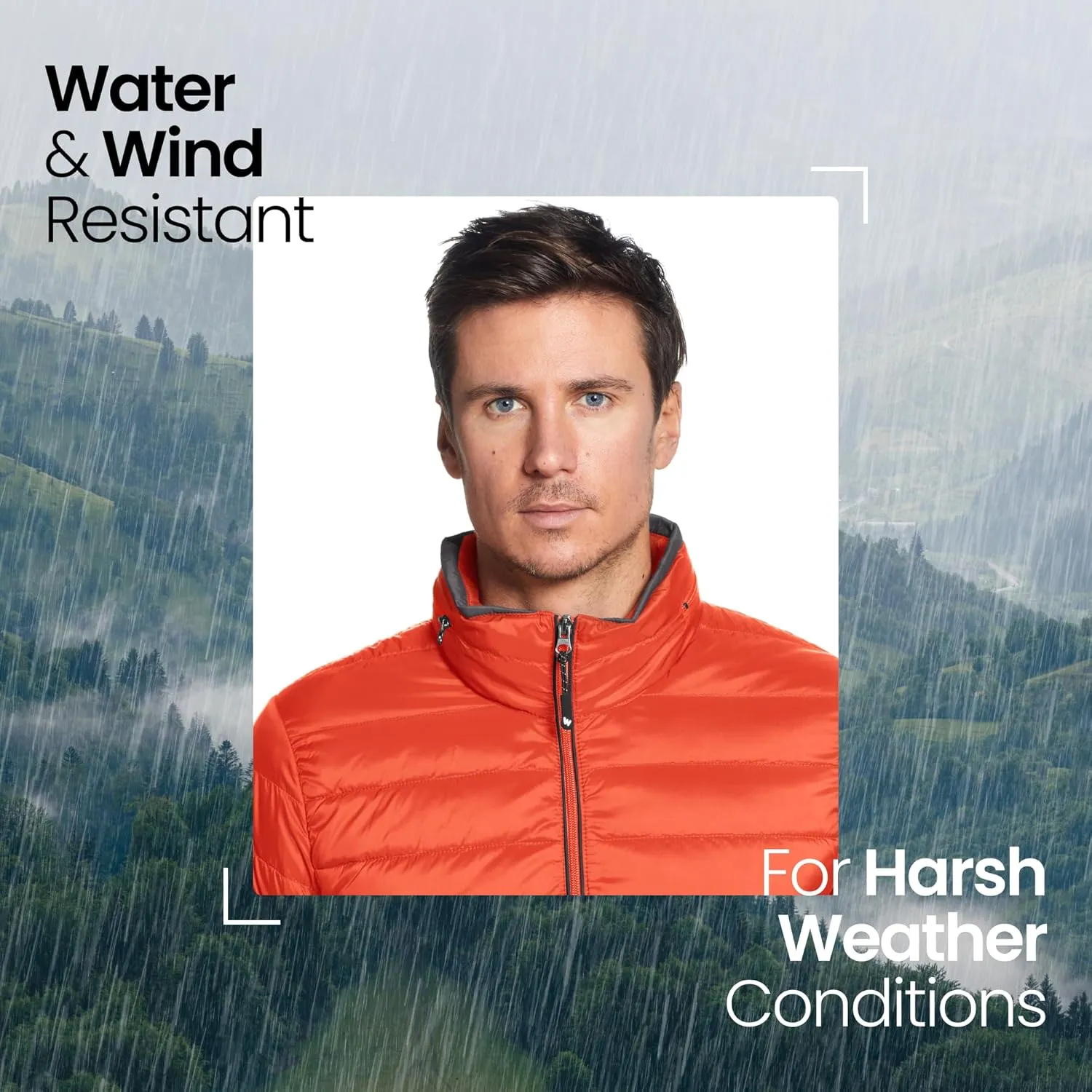 Weatherproof Men's Puffer Jacket, Lightweight Wind Resistant Alternative Down Jacket with Packable Travel Neck Pillow (S-3XL)