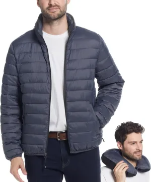 Weatherproof Men's Puffer Jacket, Lightweight Wind Resistant Alternative Down Jacket with Packable Travel Neck Pillow (S-3XL)