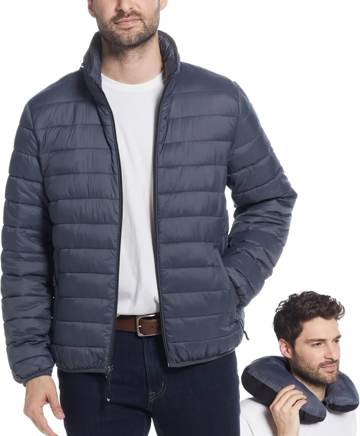 Weatherproof Men's Puffer Jacket, Lightweight Wind Resistant Alternative Down Jacket with Packable Travel Neck Pillow (S-3XL)