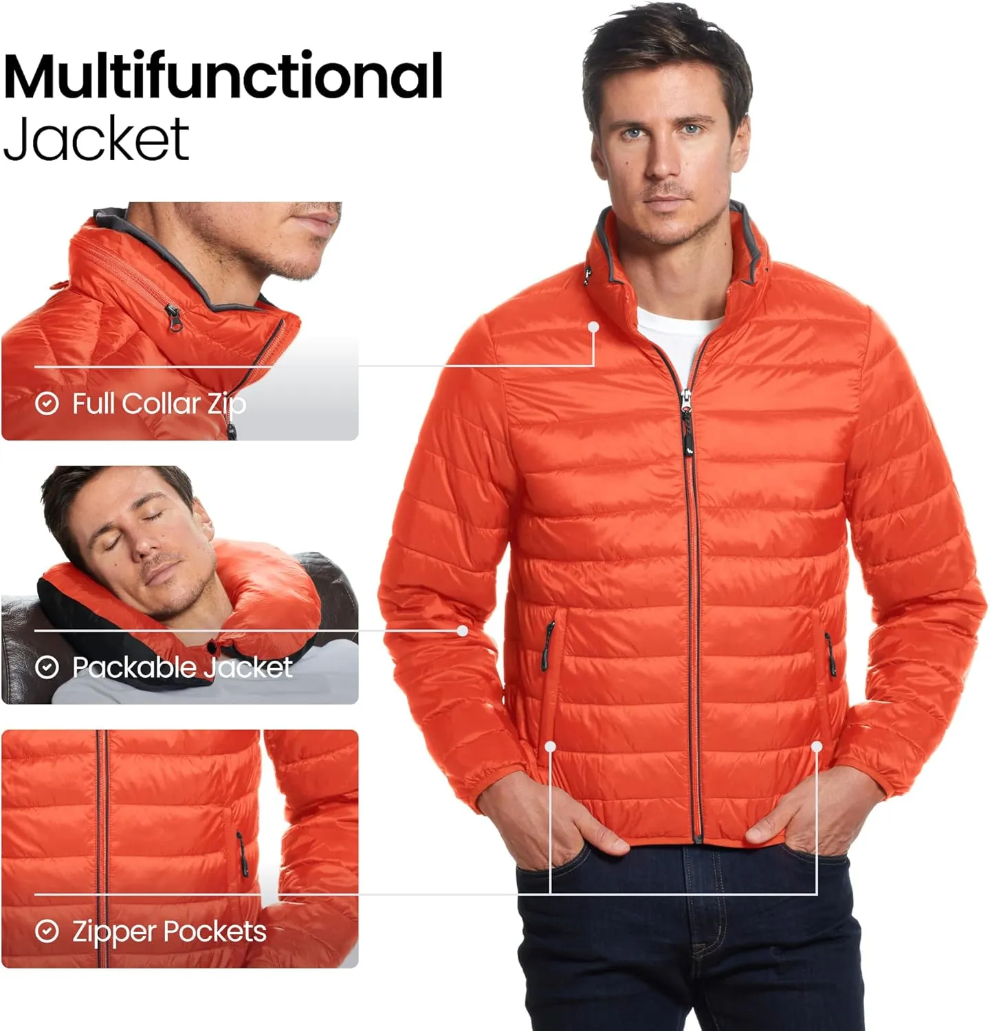 Weatherproof Men's Puffer Jacket, Lightweight Wind Resistant Alternative Down Jacket with Packable Travel Neck Pillow (S-3XL)