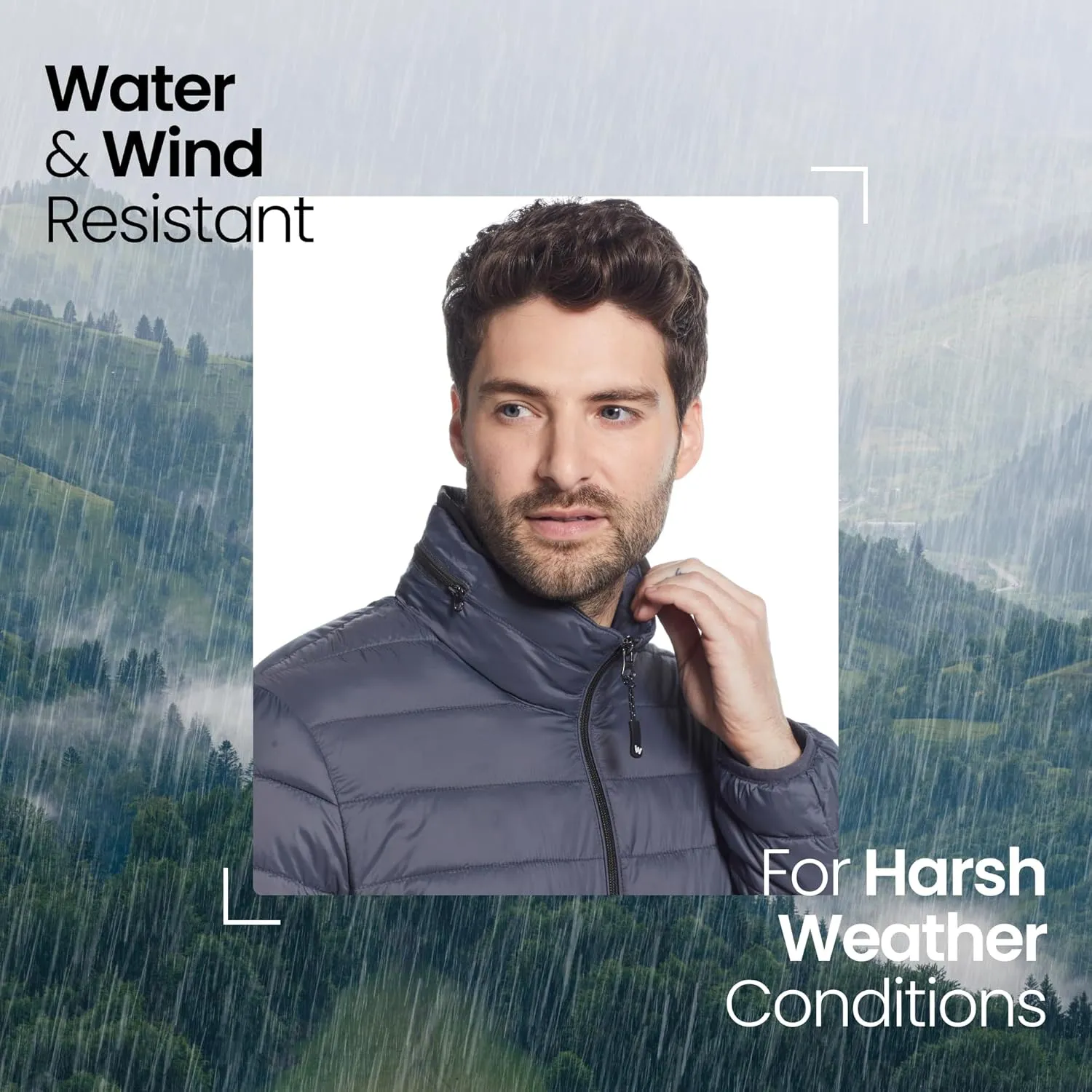 Weatherproof Men's Puffer Jacket, Lightweight Wind Resistant Alternative Down Jacket with Packable Travel Neck Pillow (S-3XL)