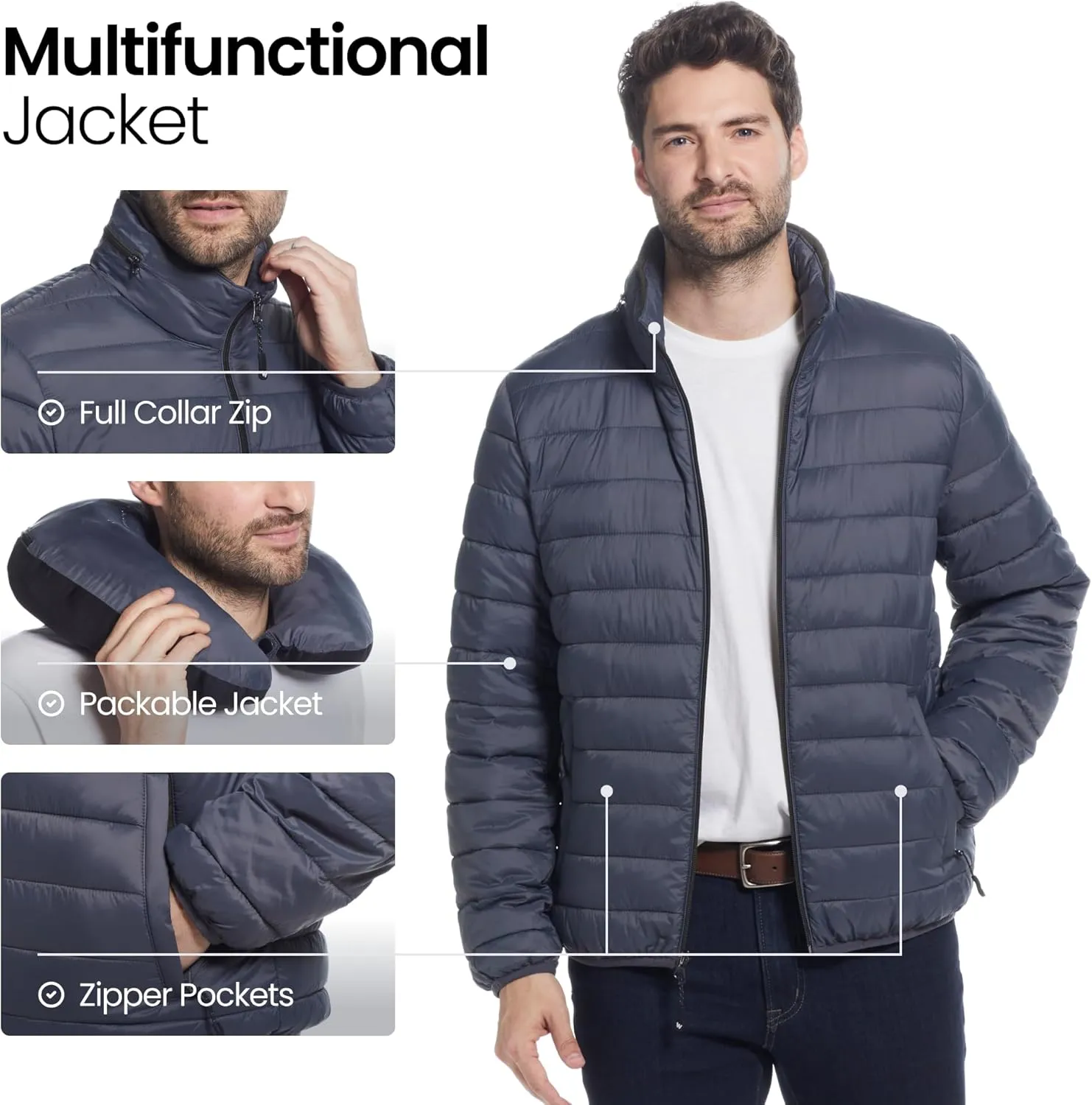 Weatherproof Men's Puffer Jacket, Lightweight Wind Resistant Alternative Down Jacket with Packable Travel Neck Pillow (S-3XL)